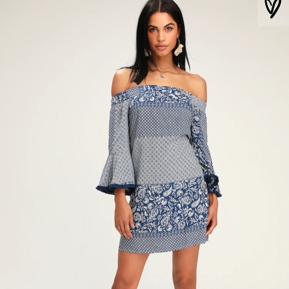 Navy blue off the shoulder print dress